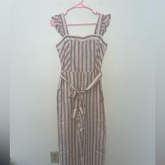 Draper James Tie Waist Jumpsuit in Cabana Stripe Tan Camel and White Size Small - Picture 4 of 13